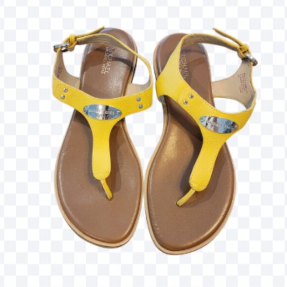 Michael Kors Daisy Yellow Logo Plate T-Strap Sandals - Picture 1 of 11